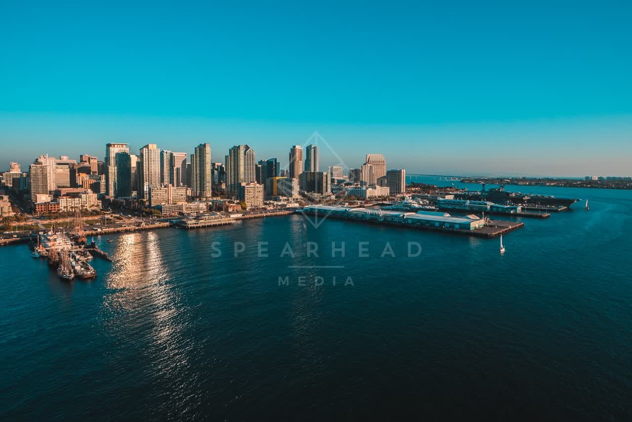 Aerial view of the downtown streets, the skyline and boats at San Diego Marina.