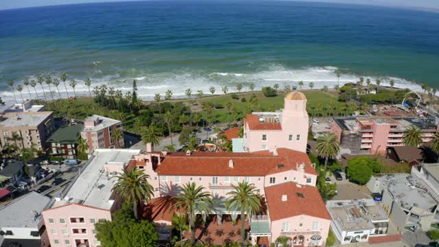 Aerial view of the beach, the surf and palm trees at La Jolla Cove.