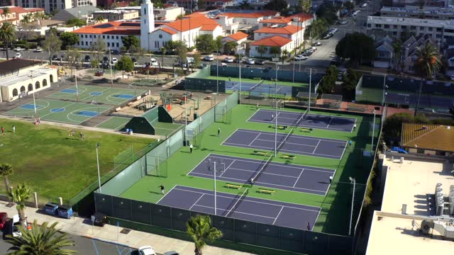 Low aerial view of a park, palm trees and homes at La Jolla Cove.