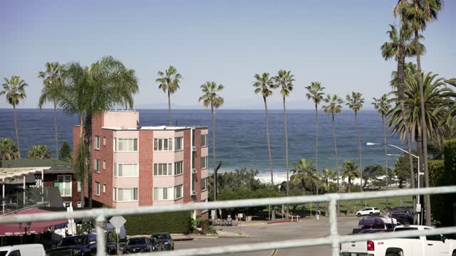 Elevated view of a residential street, palm trees and the ocean at La Jolla Cove.