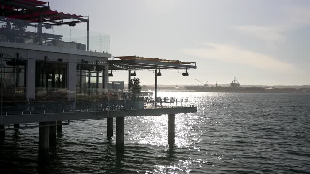 View from the water of the harbor, the pier and boats at Waterfront.