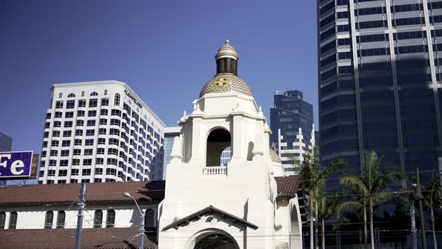 The downtown streets, the skyline and palm trees at Waterfront.