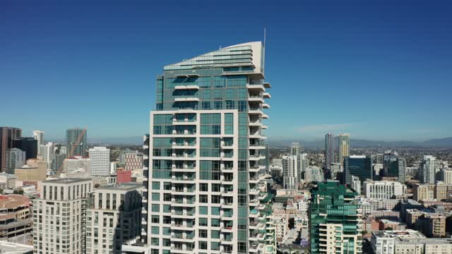 Aerial view of the downtown streets, the skyline and the buildings at Marina.