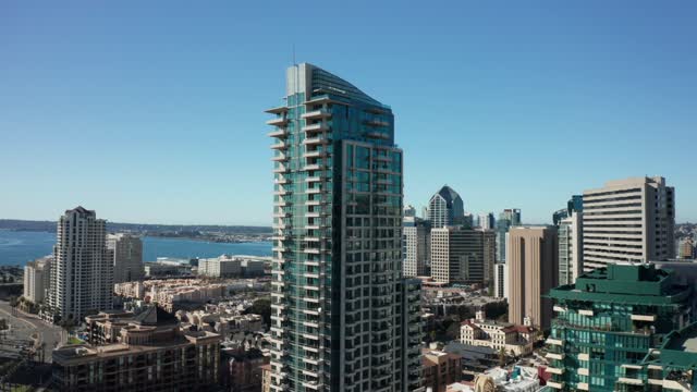Aerial view of the downtown streets, the skyline and the bay at Marina.