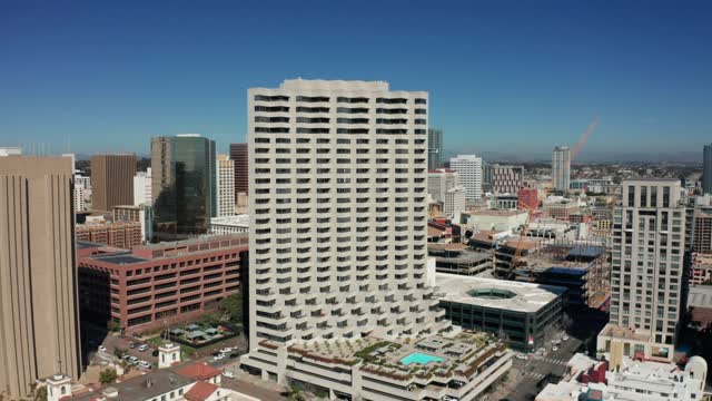 Aerial view of the downtown streets, the skyline and the buildings at Marina.