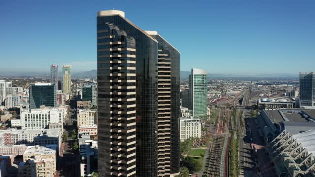 Aerial view of the downtown streets, the skyline and the buildings at Marina.