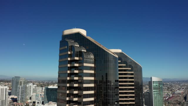Aerial view of the downtown streets, the skyline and the buildings at Marina.