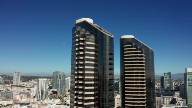 Aerial view of the downtown streets, the skyline and the buildings at Marina.