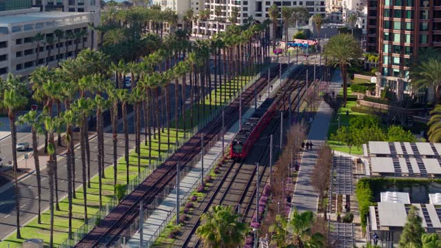 Low aerial view of the downtown streets, palm trees and the buildings at Marina, with people walking.