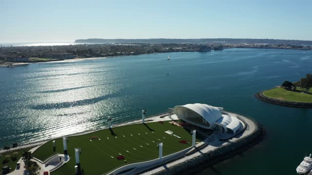 Aerial view of the harbor, boats and the bay at Marina.