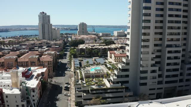Aerial view of the downtown streets, the skyline and the bay at Marina.