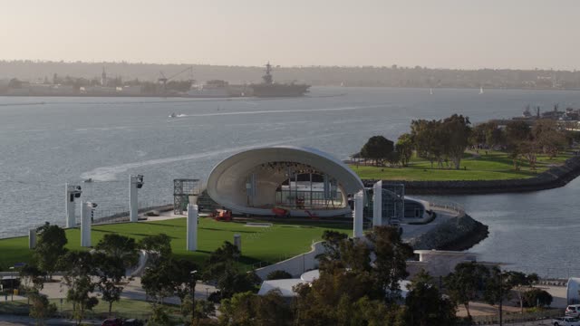 Aerial view of the harbor, boats and the bay at Marina.