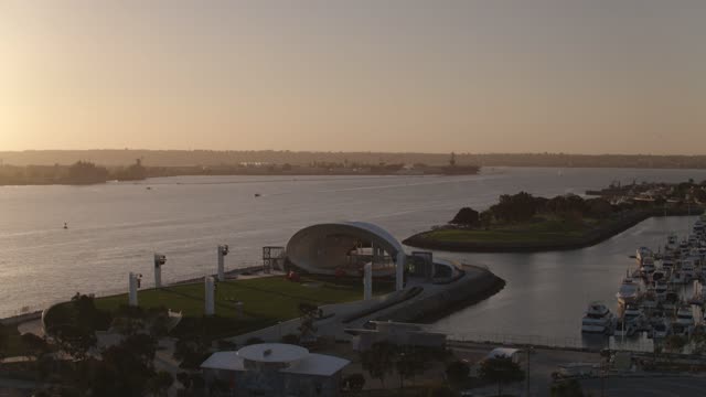 Aerial view of the harbor, boats and the bay at Marina.