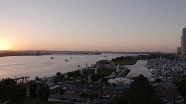 Aerial view of the harbor, boats and the bay at Marina.