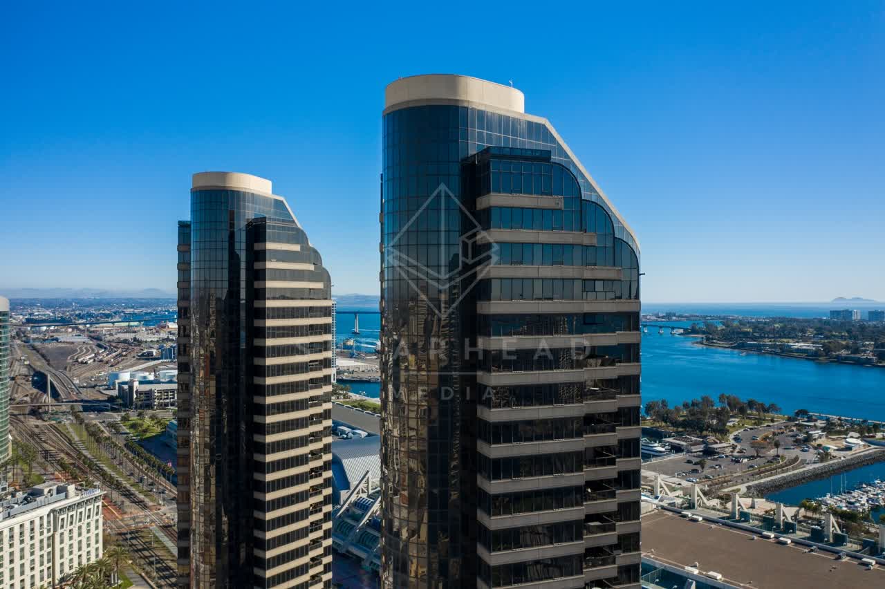 Aerial view of the downtown streets, the skyline and boats at San Diego Marina.