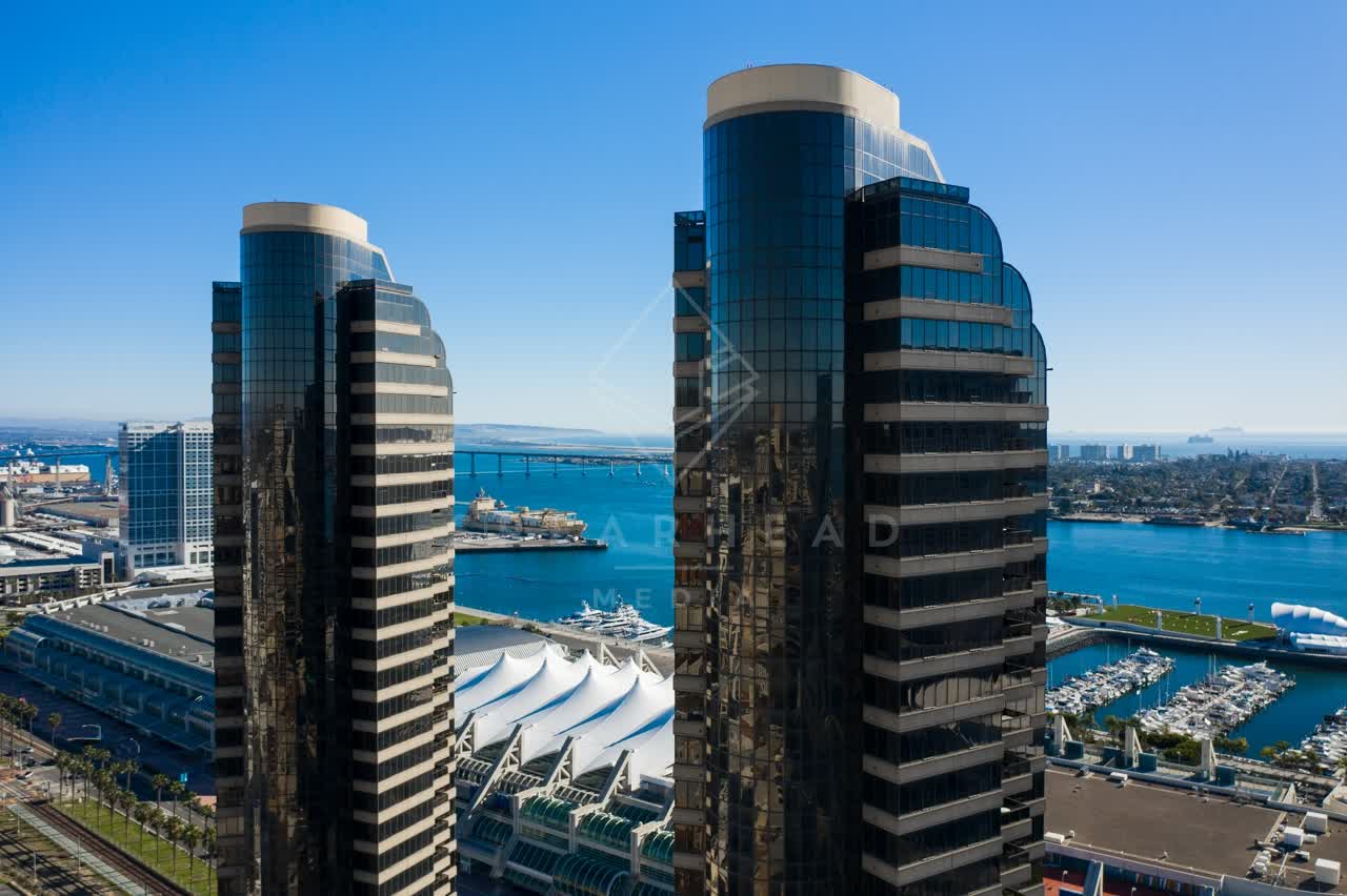 Aerial view of the downtown streets, the bridge and the skyline at San Diego Marina.