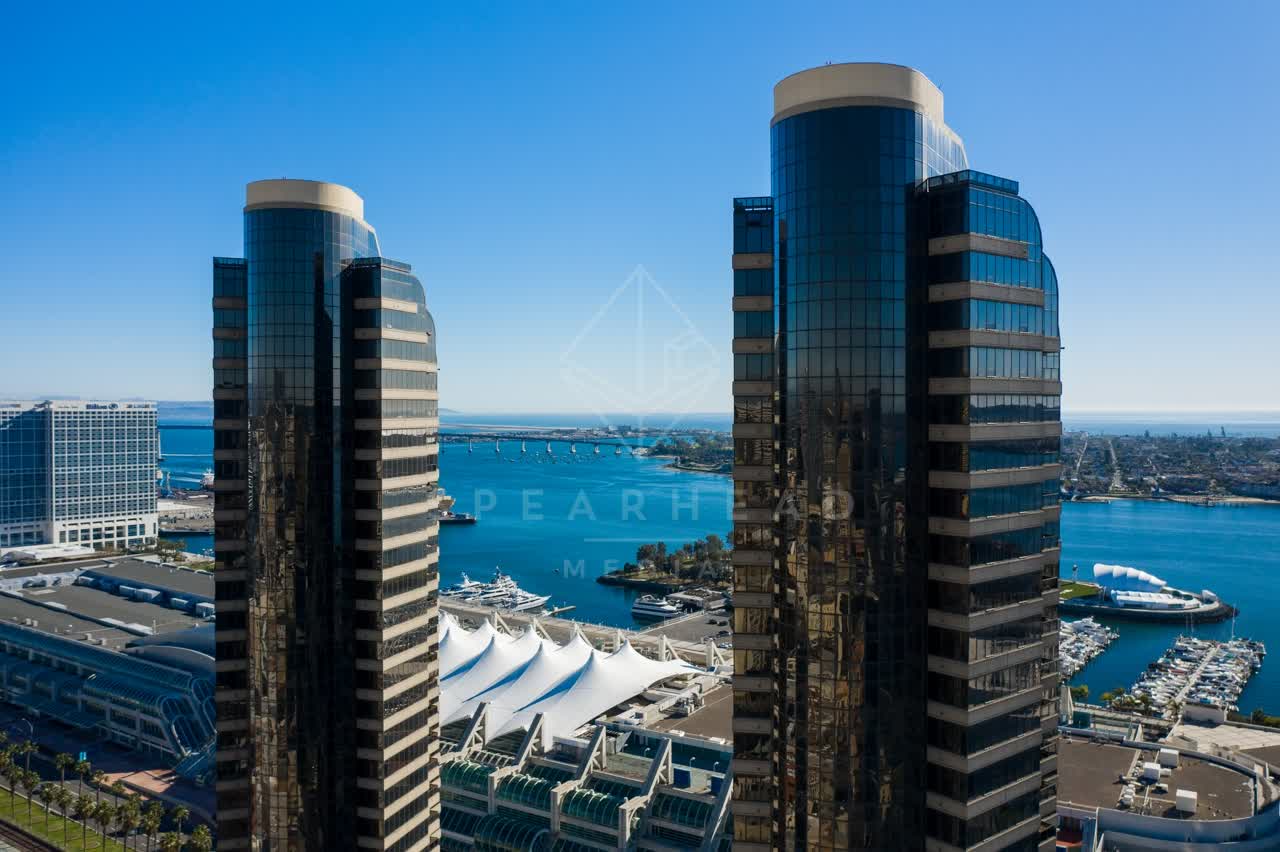 Aerial view of the downtown streets, the bridge and the skyline at San Diego Marina.