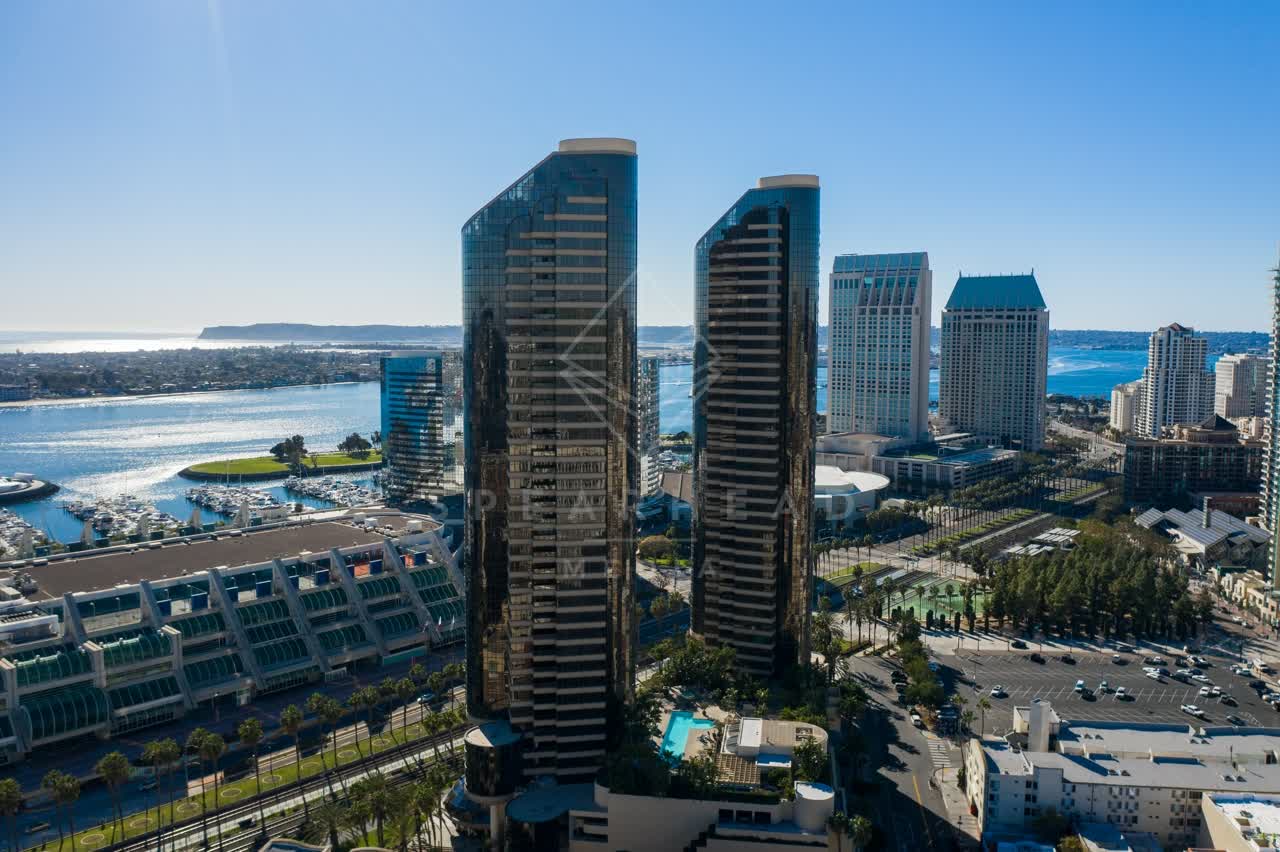 Aerial view of the downtown streets, the skyline and boats at San Diego Marina.