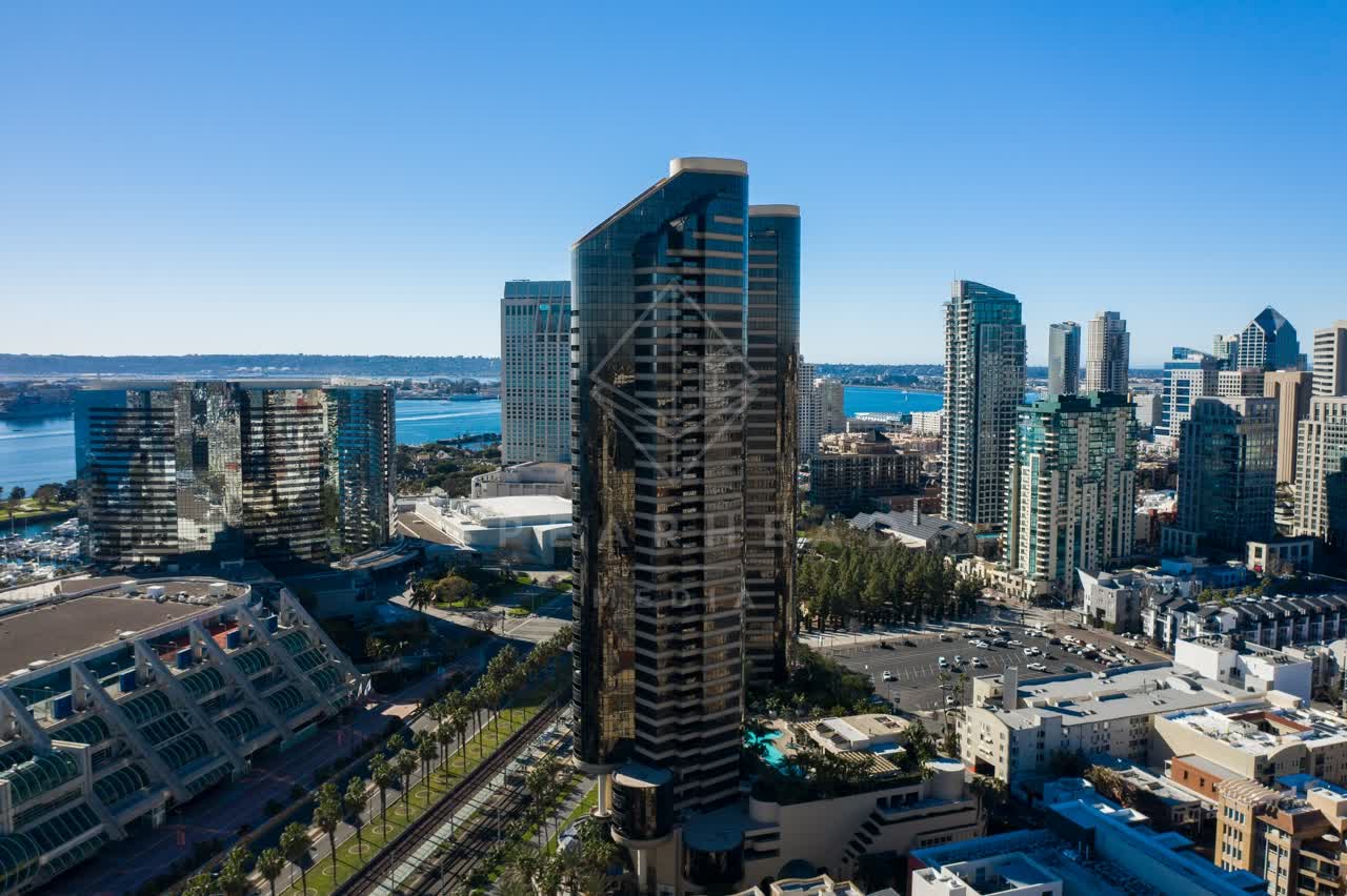 Aerial view of the downtown streets, the skyline and boats at San Diego Marina.