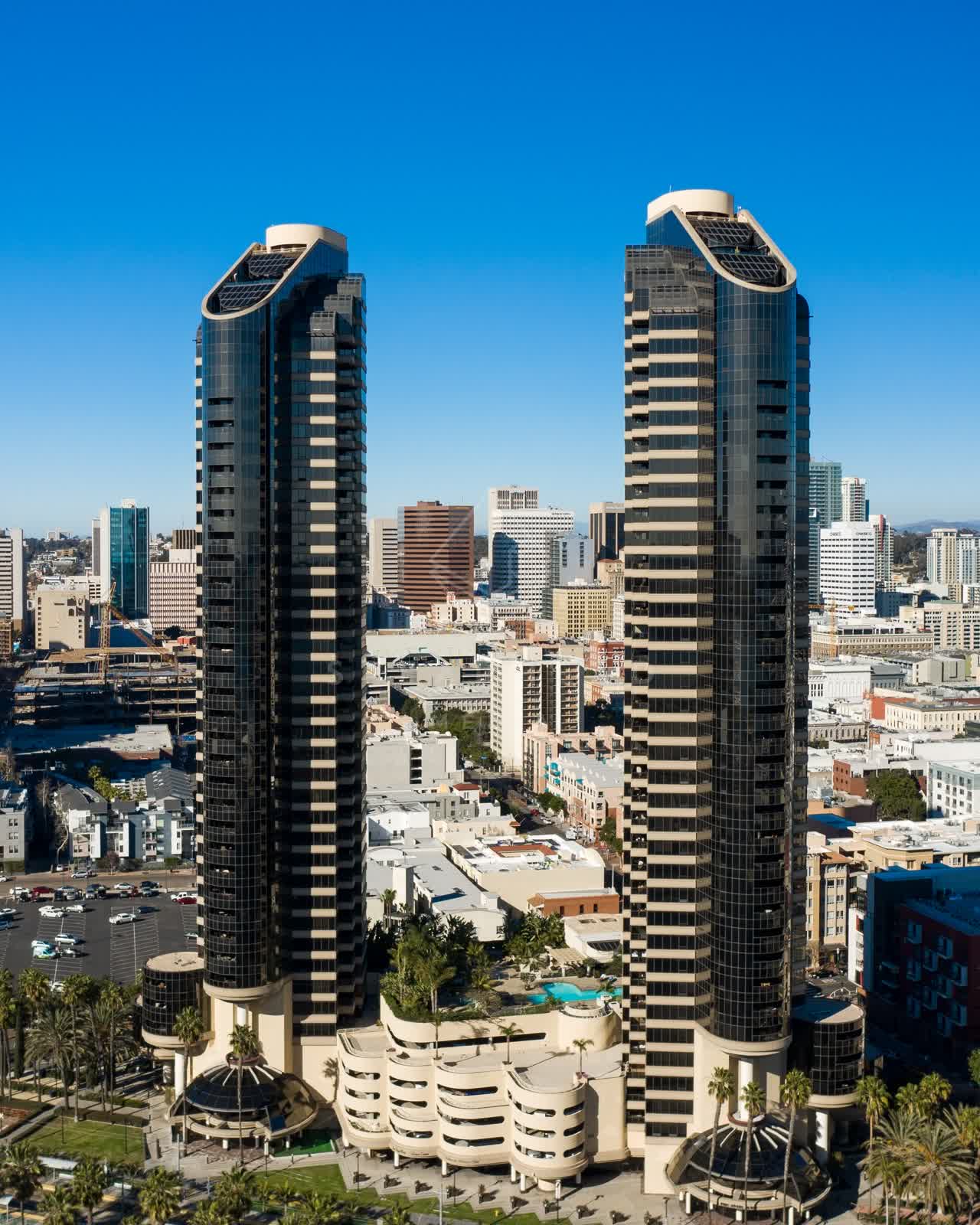 Aerial view of the downtown streets, the skyline and palm trees at San Diego Marina.