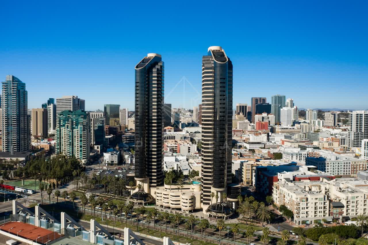 Aerial view of the downtown streets, the skyline and palm trees at San Diego Marina.