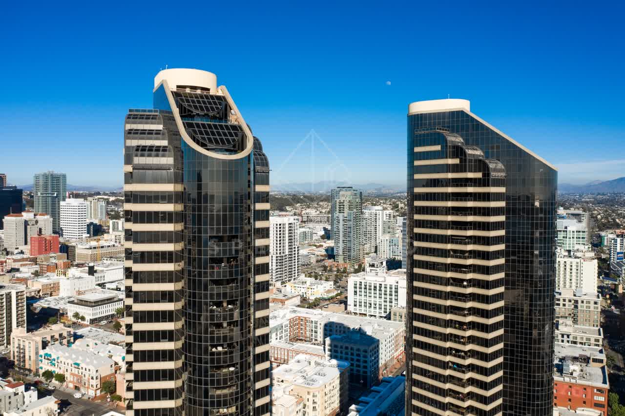 Aerial view of the downtown streets, the skyline and homes at San Diego Marina.