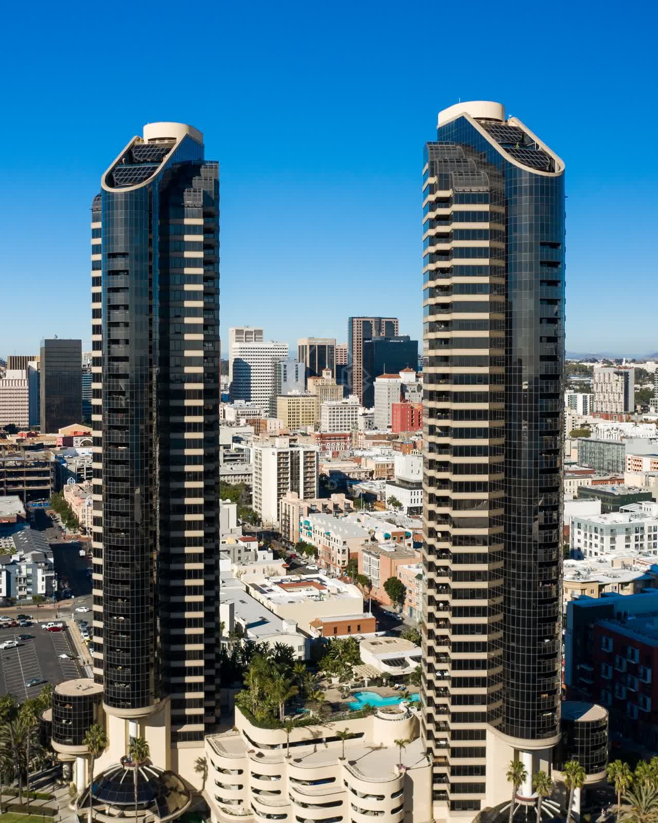Aerial view of the downtown streets, the skyline and palm trees at San Diego Marina.