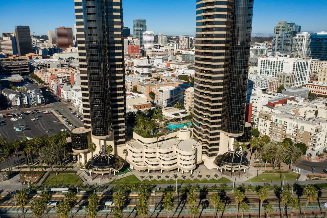 Aerial view of the downtown streets, the skyline and palm trees at San Diego Marina.