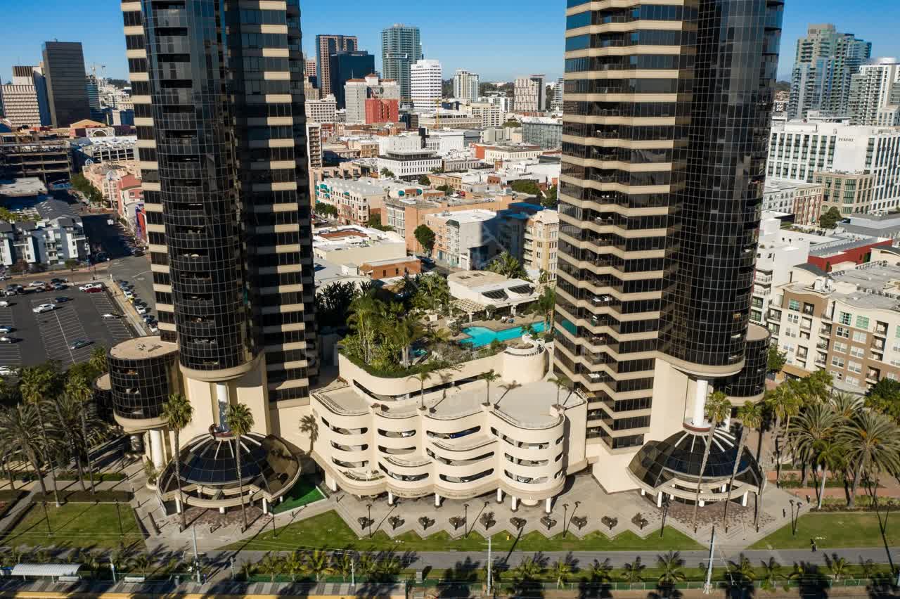 Aerial view of the downtown streets, the skyline and palm trees at San Diego Marina.