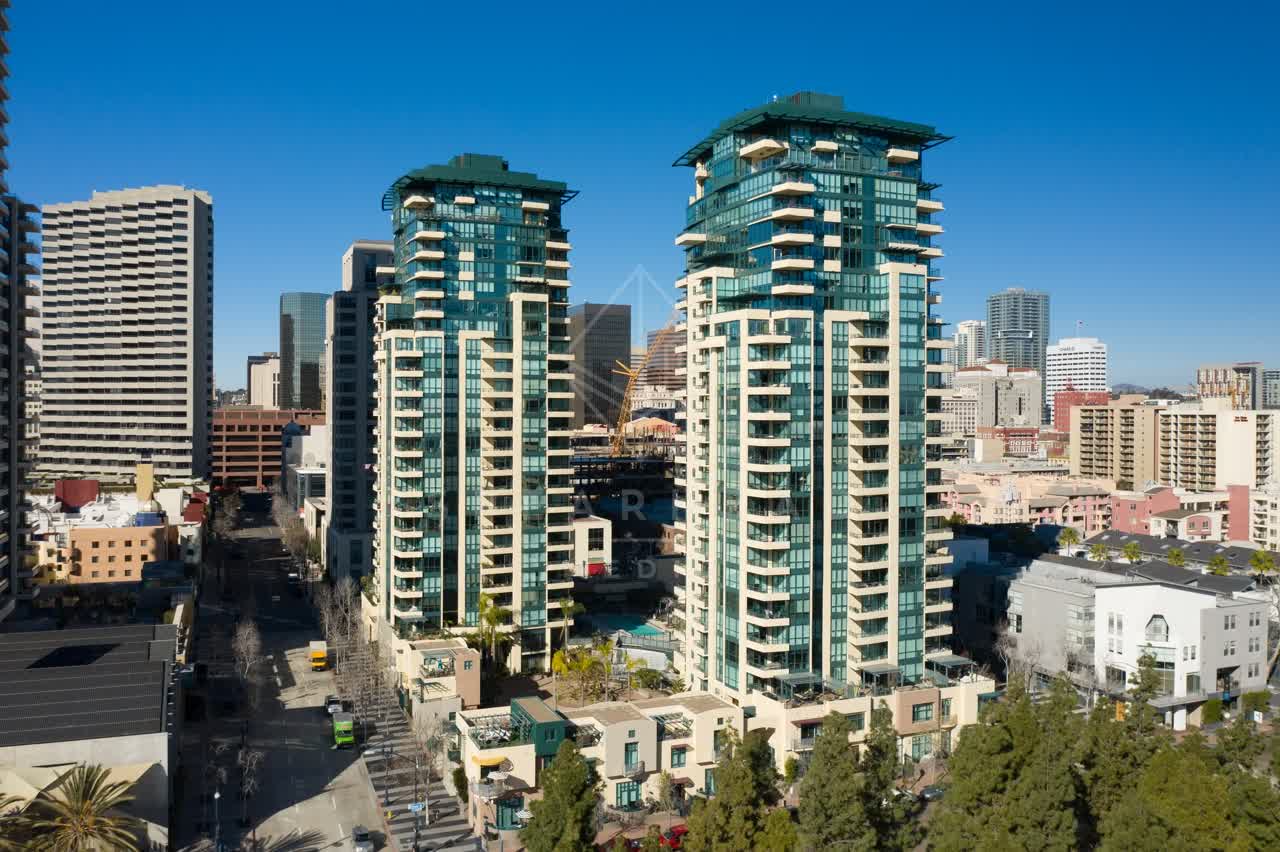 Aerial view of the downtown streets, the skyline and palm trees at San Diego Marina.
