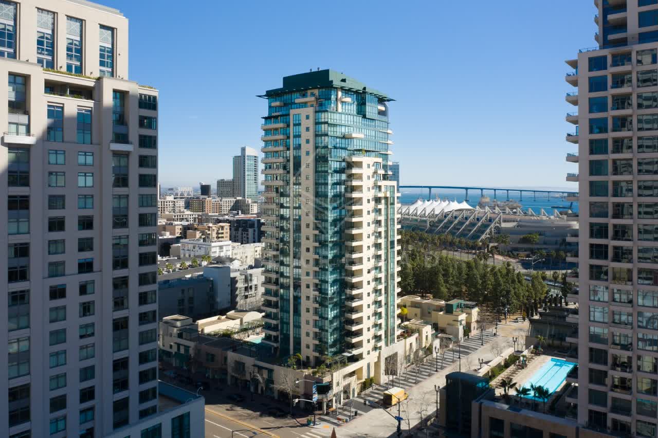 Elevated view of the downtown streets, the bridge and the skyline at San Diego Marina.
