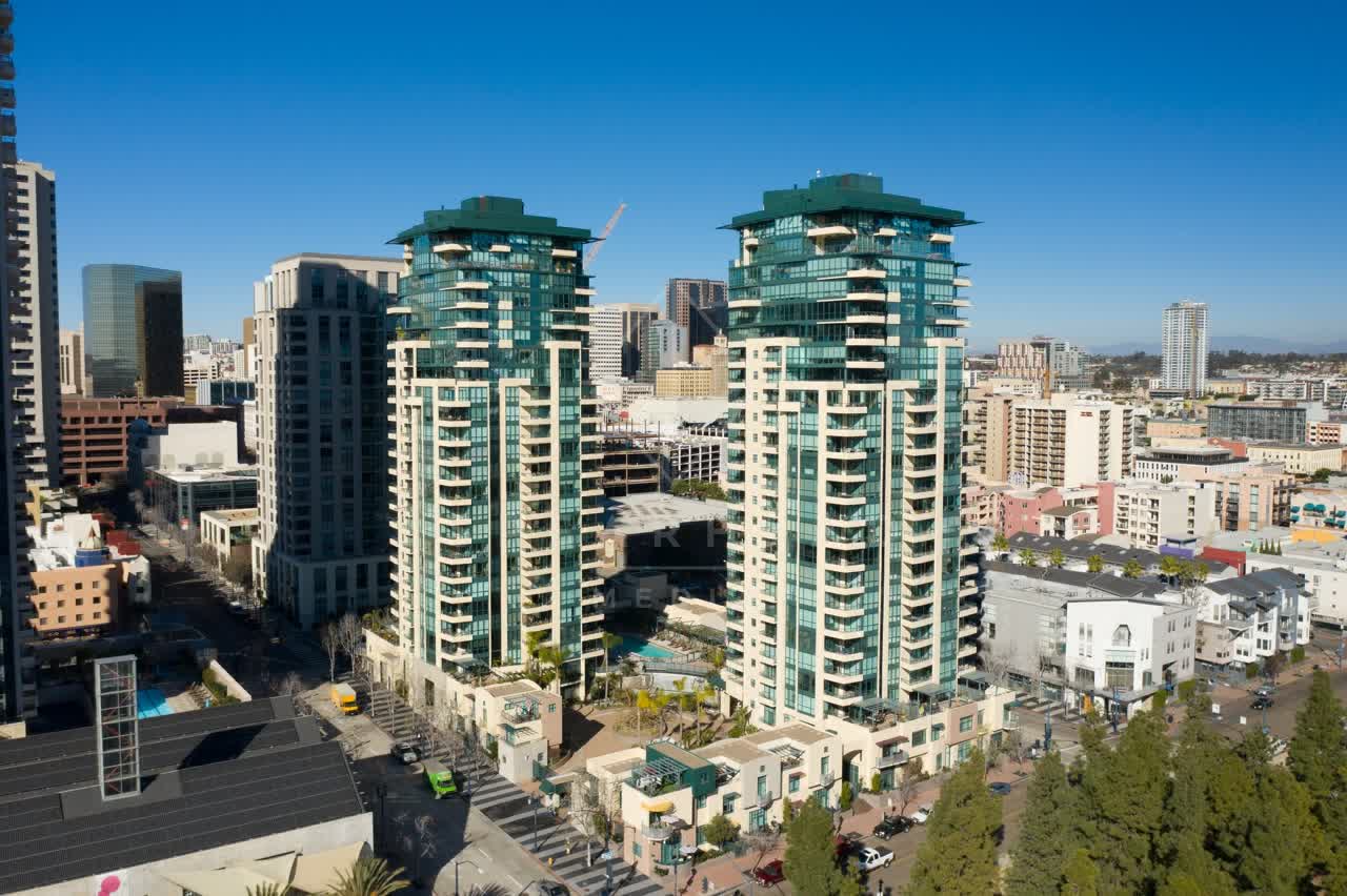 Aerial view of the downtown streets, the skyline and the buildings at San Diego Marina.