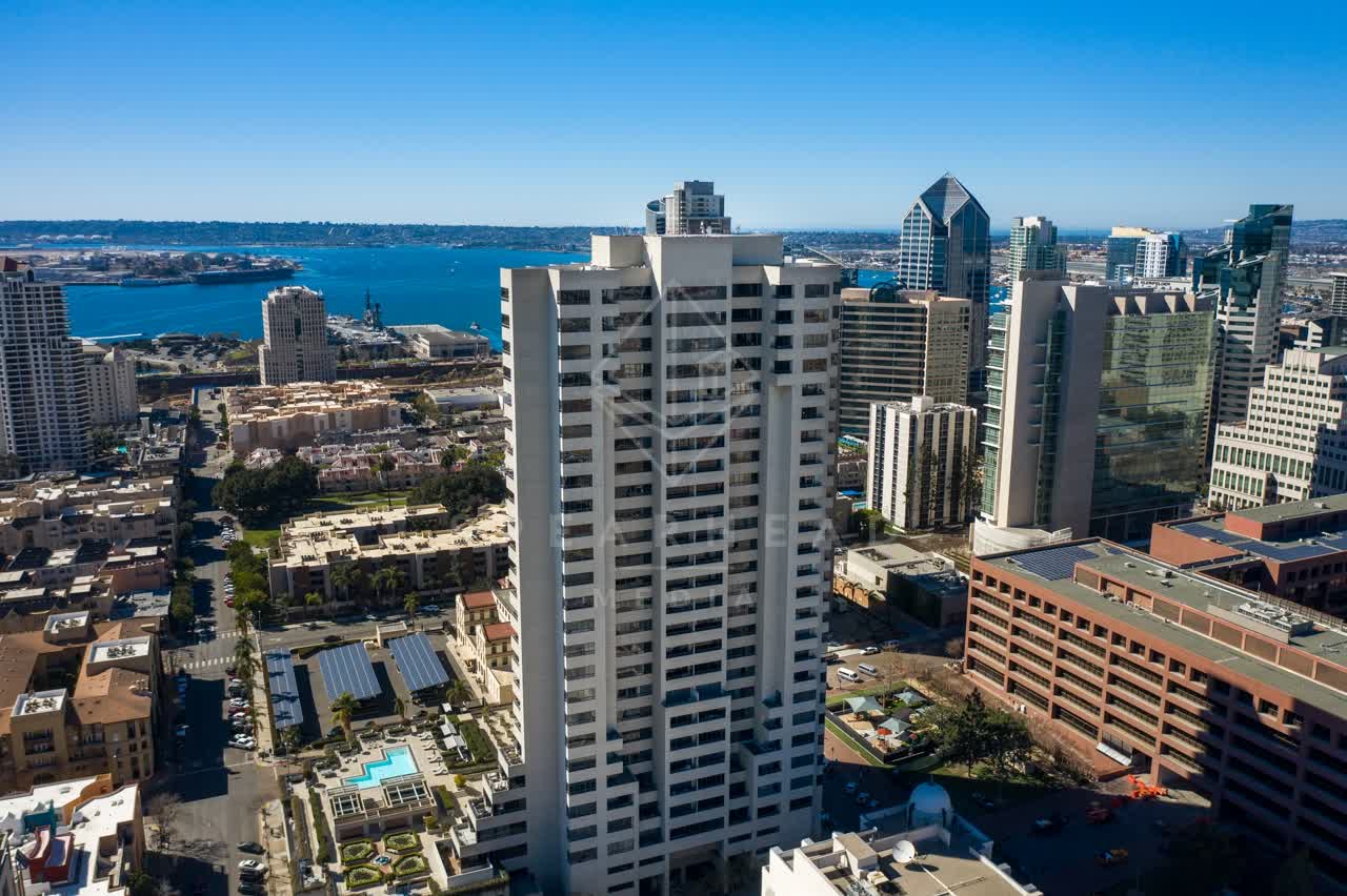 Aerial view of the downtown streets, the skyline and boats at San Diego Marina.
