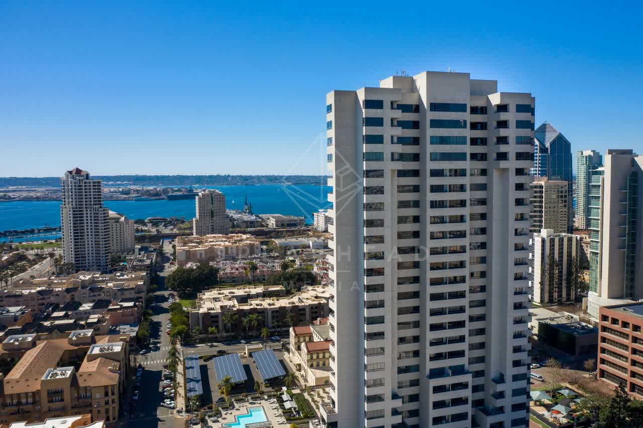 Aerial view of the downtown streets, the skyline and boats at San Diego Marina.