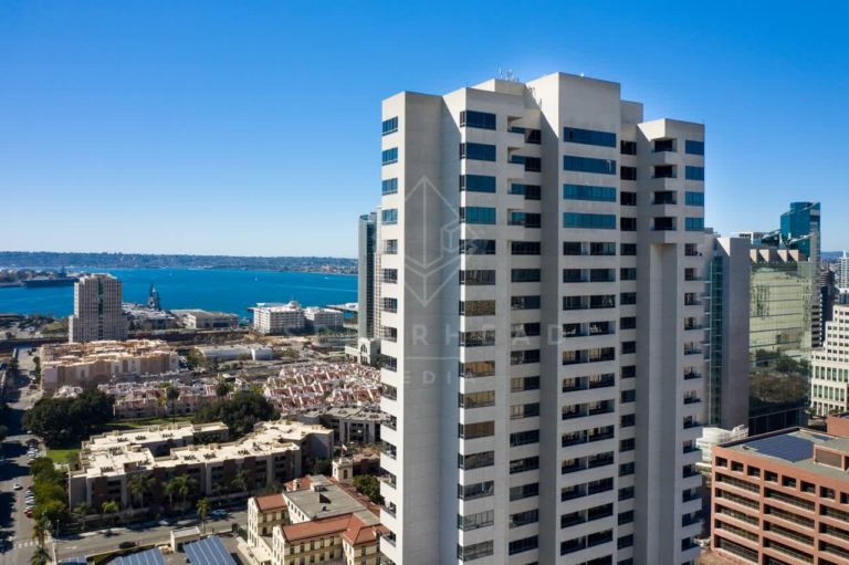 View of Aerial shot of The Meridian Luxury Condos in the Marina District ...