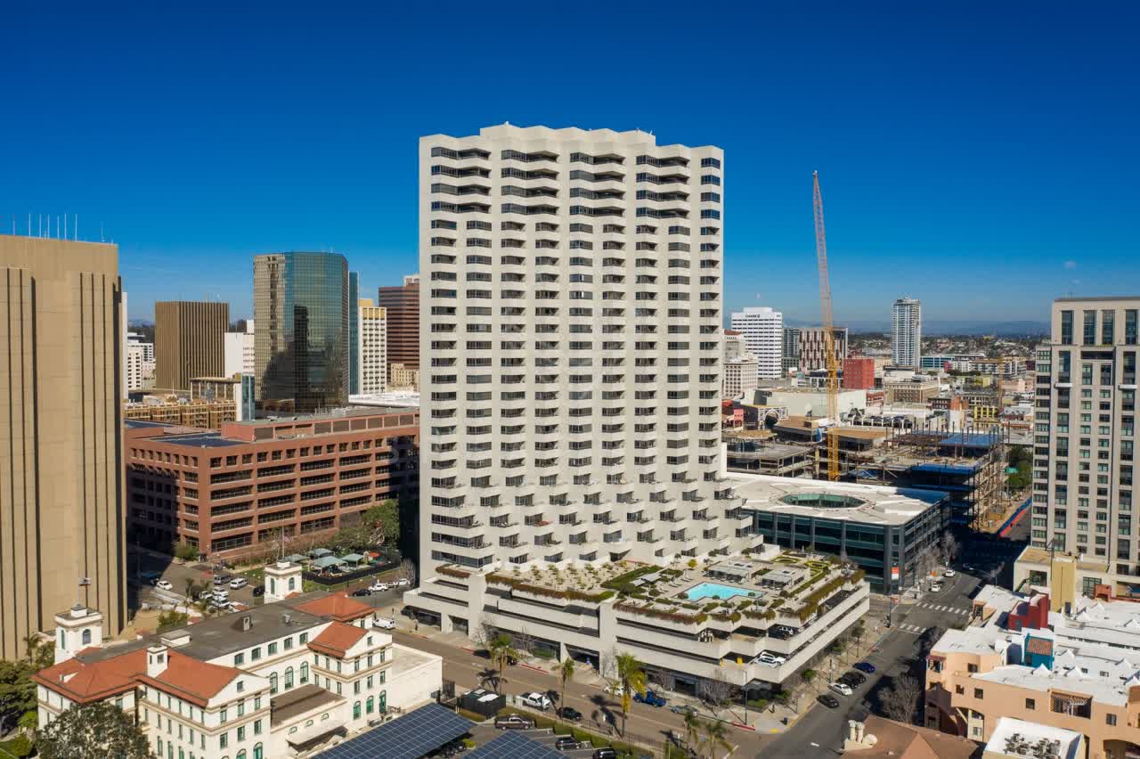 Aerial view of the downtown streets, the skyline and palm trees at San Diego Marina.