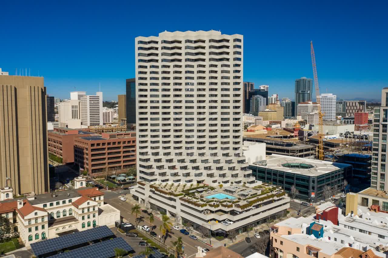 Aerial view of the downtown streets, the skyline and the buildings at San Diego Marina.
