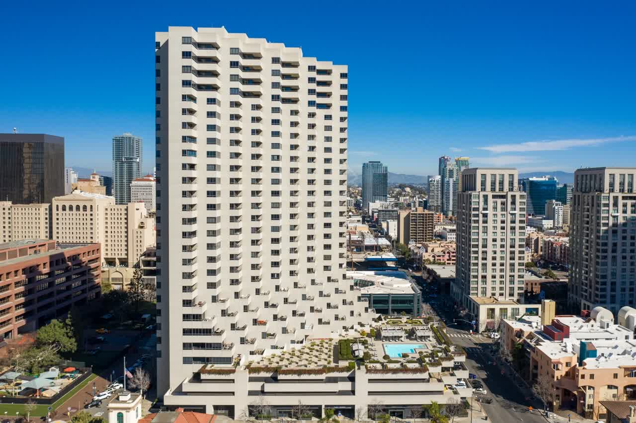 Aerial view of the downtown streets, the skyline and the buildings at San Diego Marina.