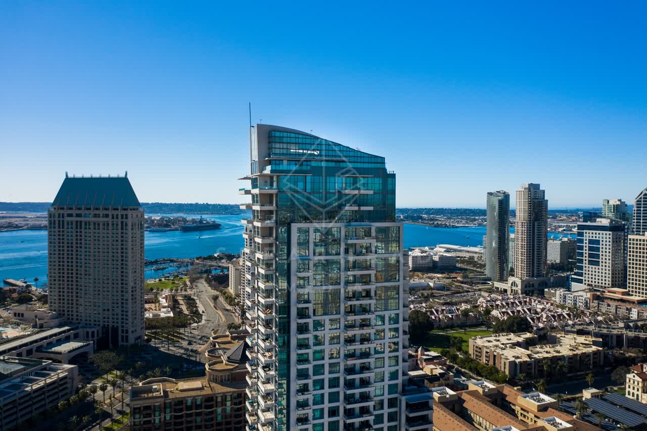 Aerial view of the downtown streets, the skyline and boats at San Diego Marina.