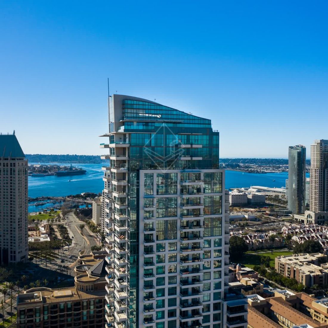 The iconic Pinnacle Marina Tower at 550 Front Street in the Marina