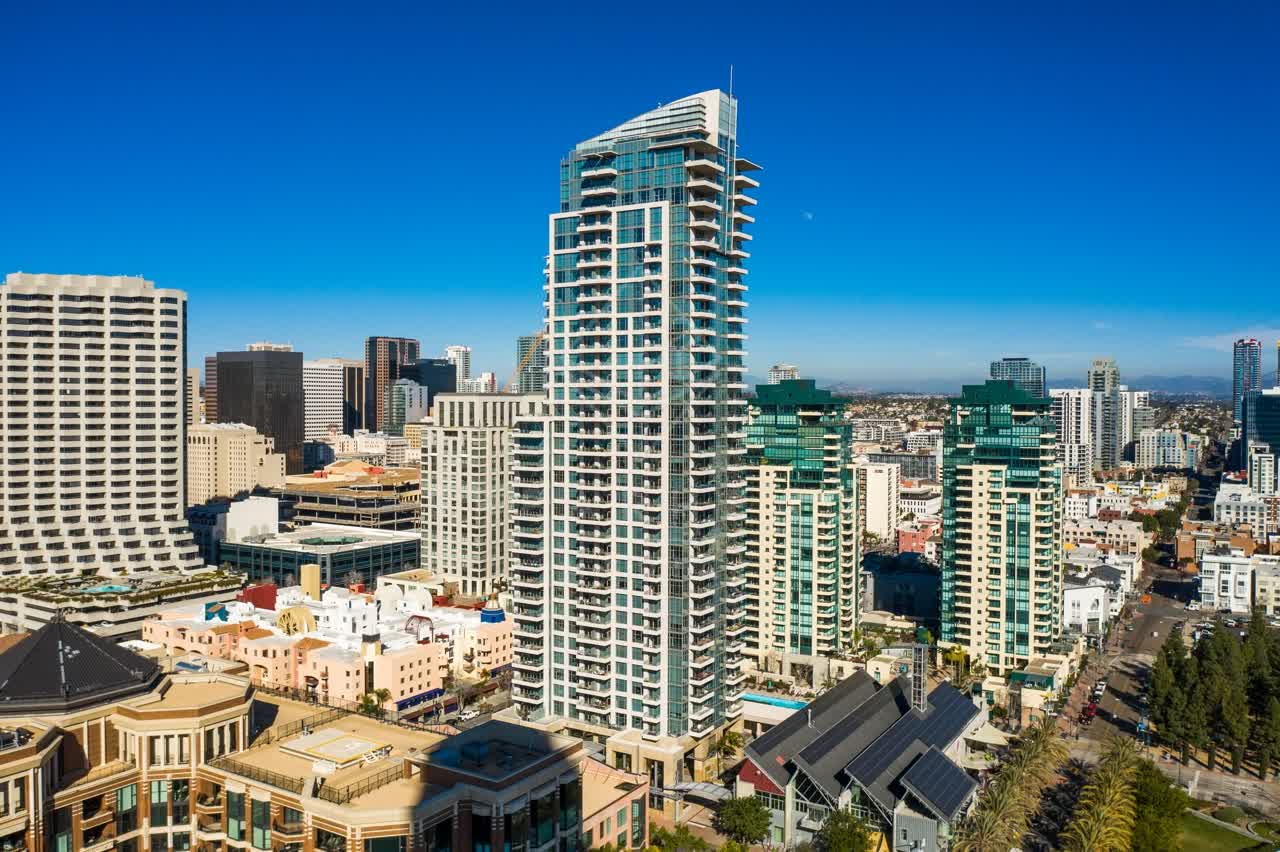 Aerial view of the downtown streets, the skyline and palm trees at San Diego Marina.