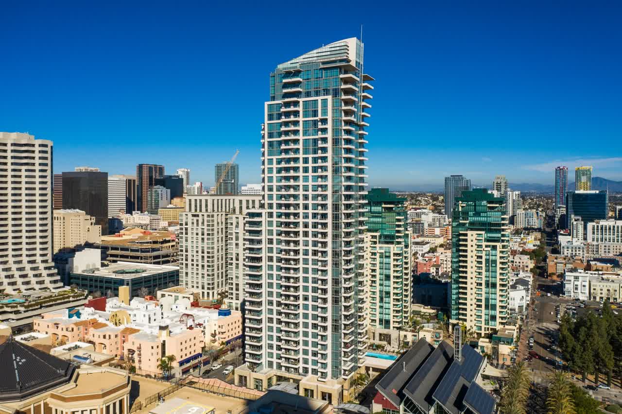 Aerial view of the downtown streets, the skyline and palm trees at San Diego Marina.