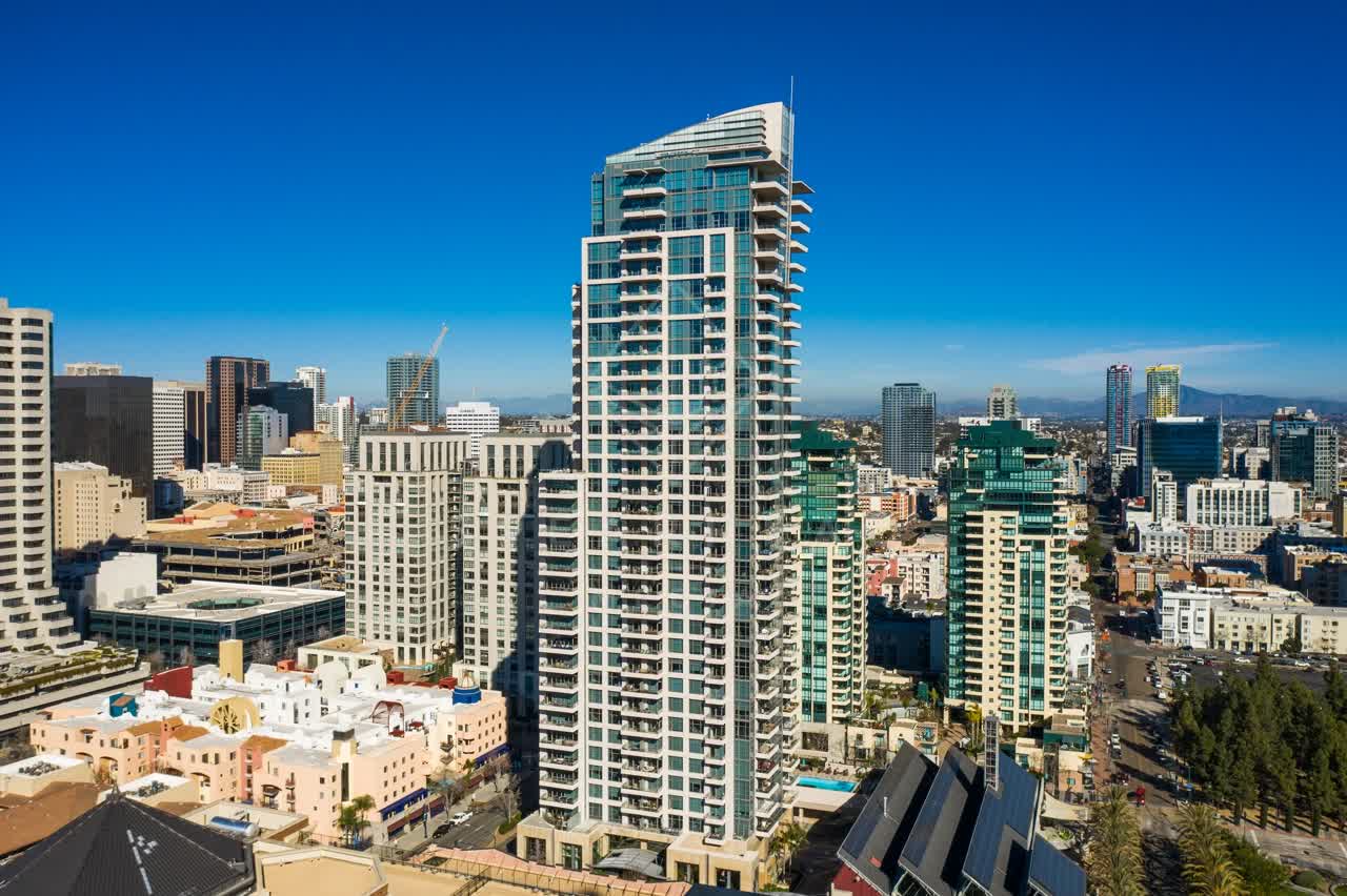 Aerial view of the downtown streets, the skyline and homes at San Diego Marina.