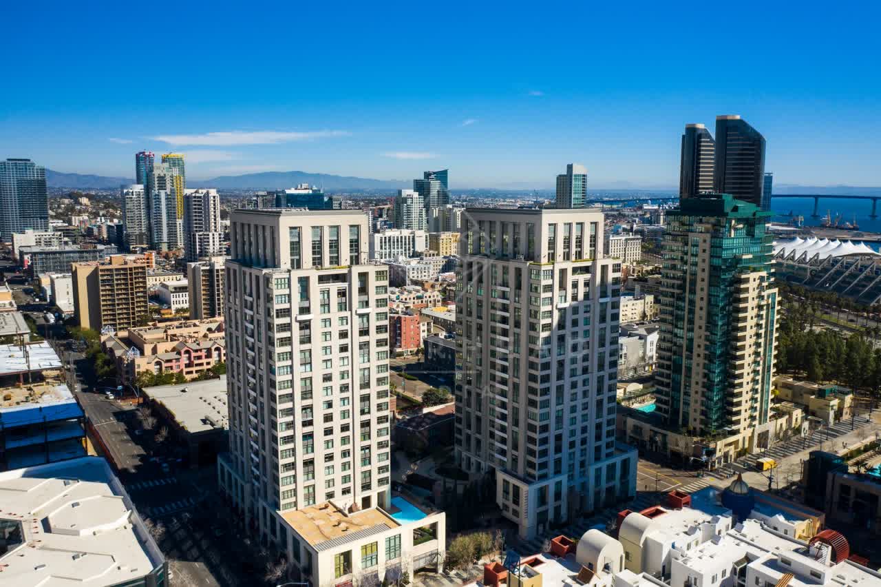 Aerial view of the downtown streets, the skyline and the bay at San Diego Marina.