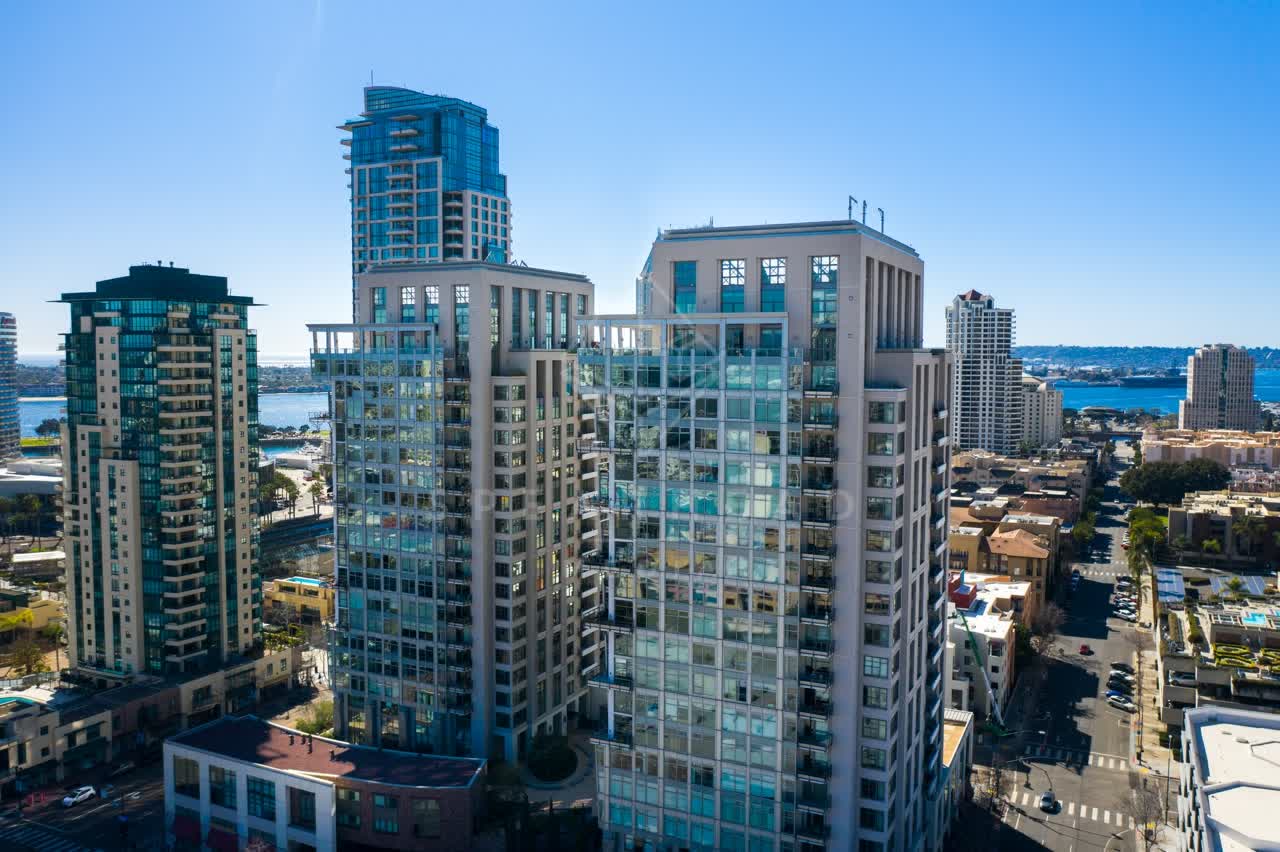 Aerial view of the downtown streets, the skyline and the bay at San Diego Marina.