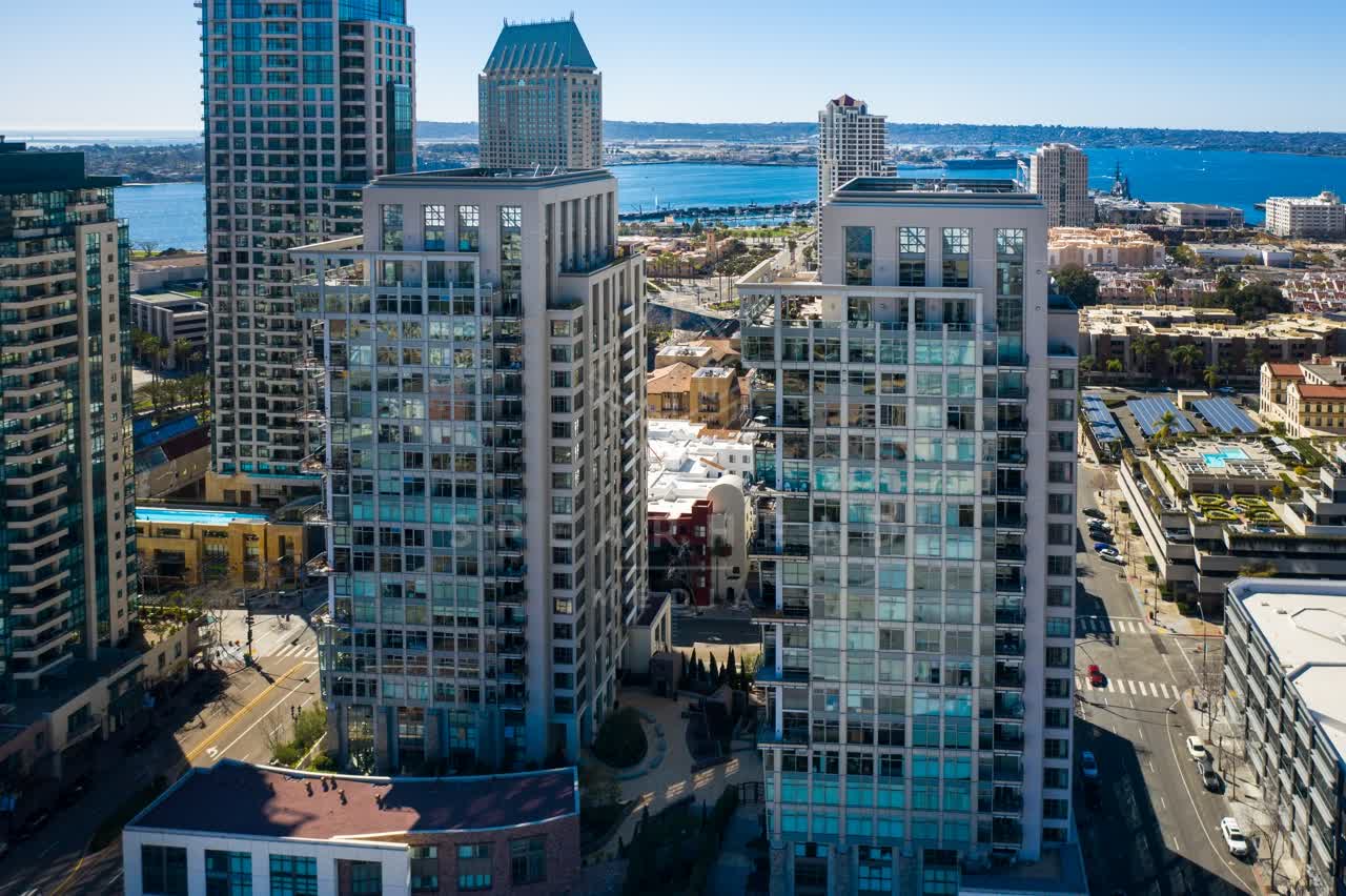 Aerial view of the downtown streets, the skyline and the bay at San Diego Marina.
