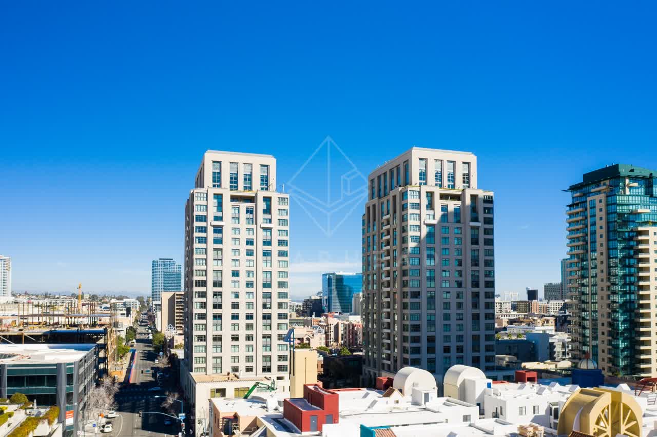 Aerial view of the downtown streets, the skyline and the buildings at San Diego Marina.