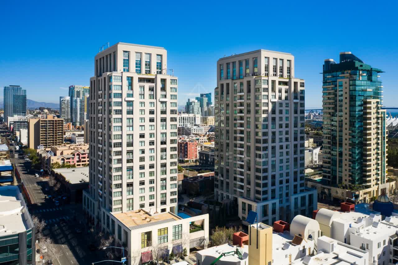 Aerial view of the downtown streets, the skyline and the buildings at San Diego Marina.