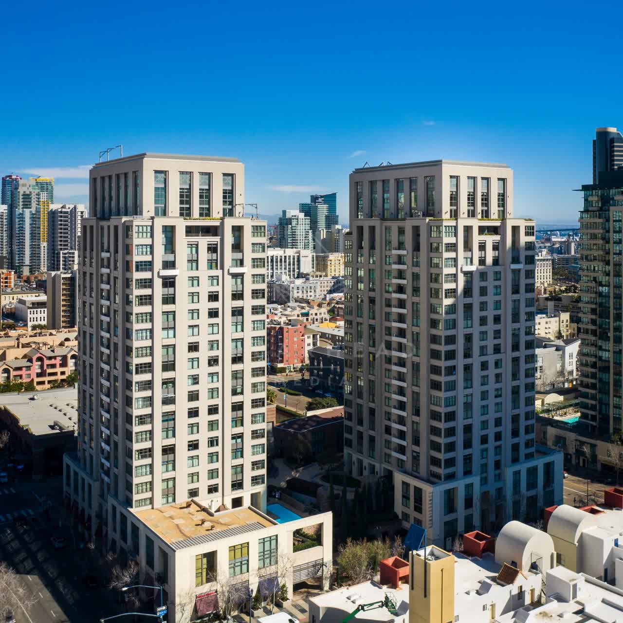 Aerial view of the downtown streets, the skyline and homes at San Diego Marina.