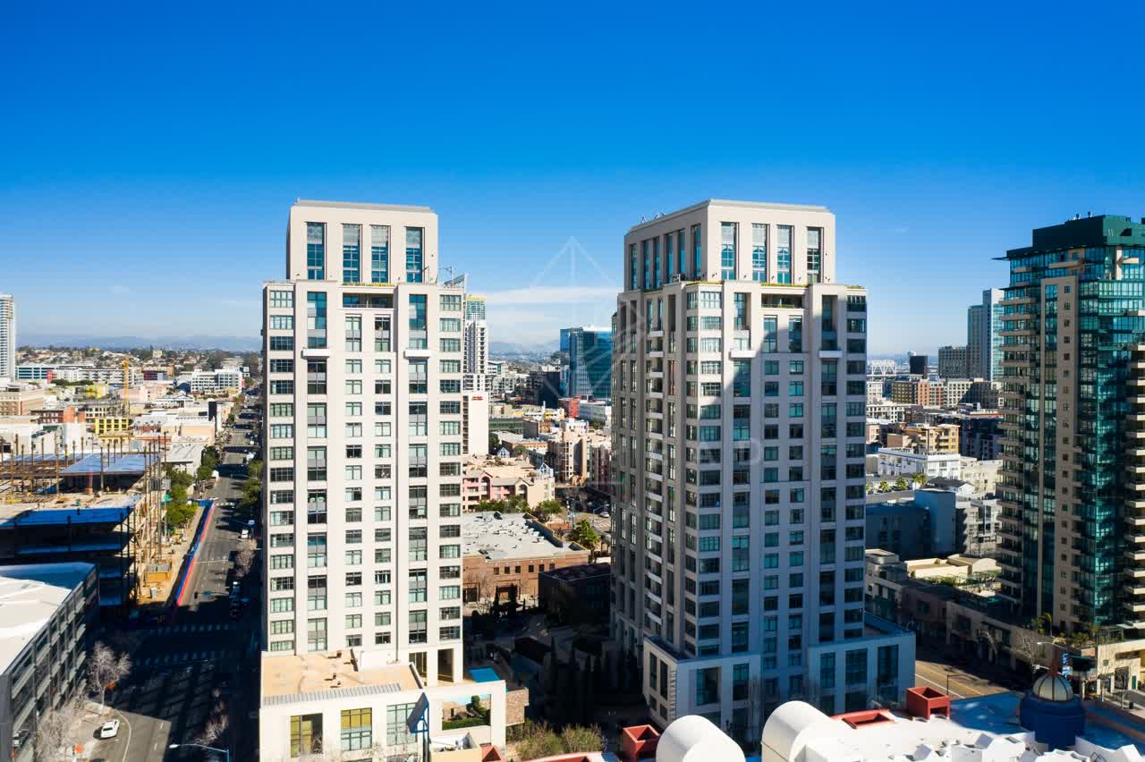 Aerial view of the downtown streets, the skyline and the buildings at San Diego Marina.